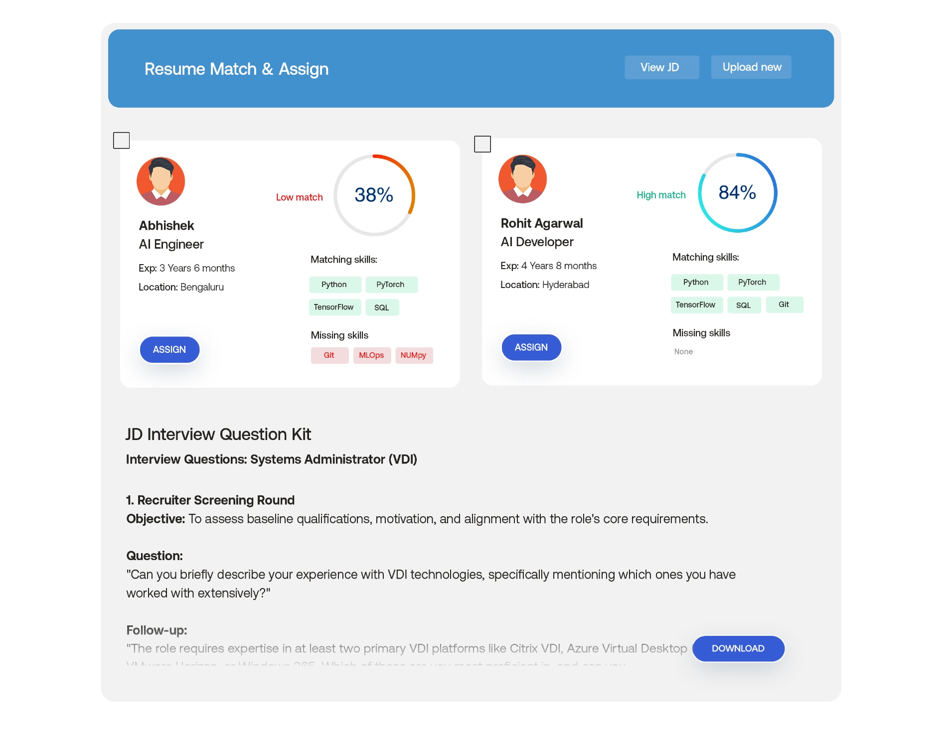 AI resume matching and interview question dashboard